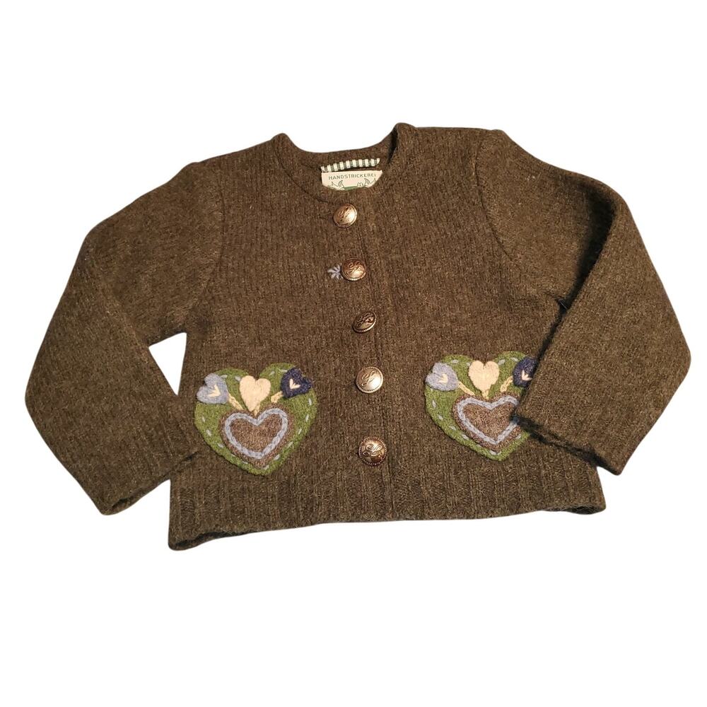NEW Irmtraud Lanz Handknit Wool Cardigan 2T Austria Green Hearts Sweater
